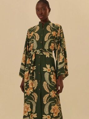 FARM RIO NWT Green & Tan Tropical Floral Printed Kimono Sleeve Belted Midi Dress